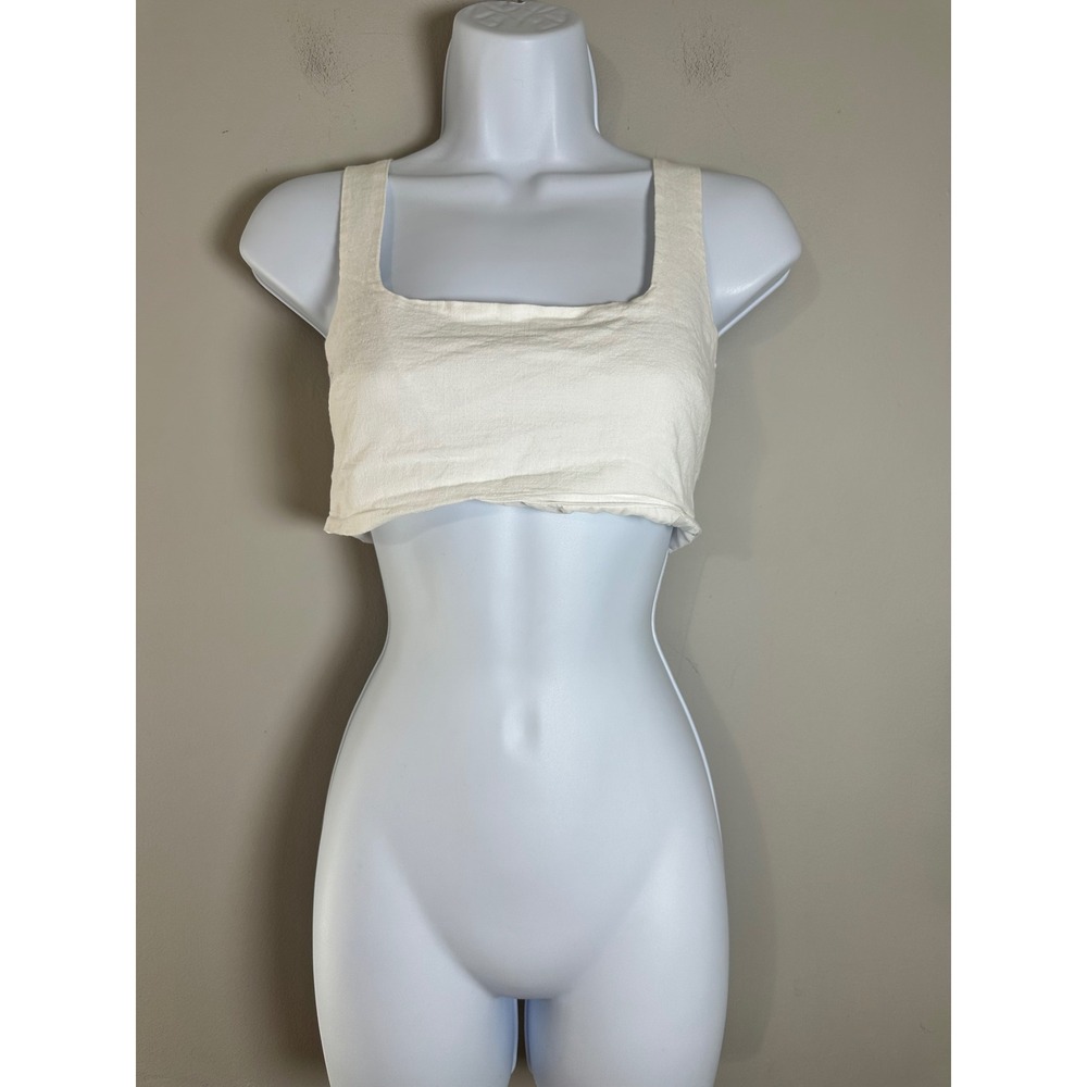 4th Reckless Cream Square Neck Tie Back Crop Top Linen Blend Women's S